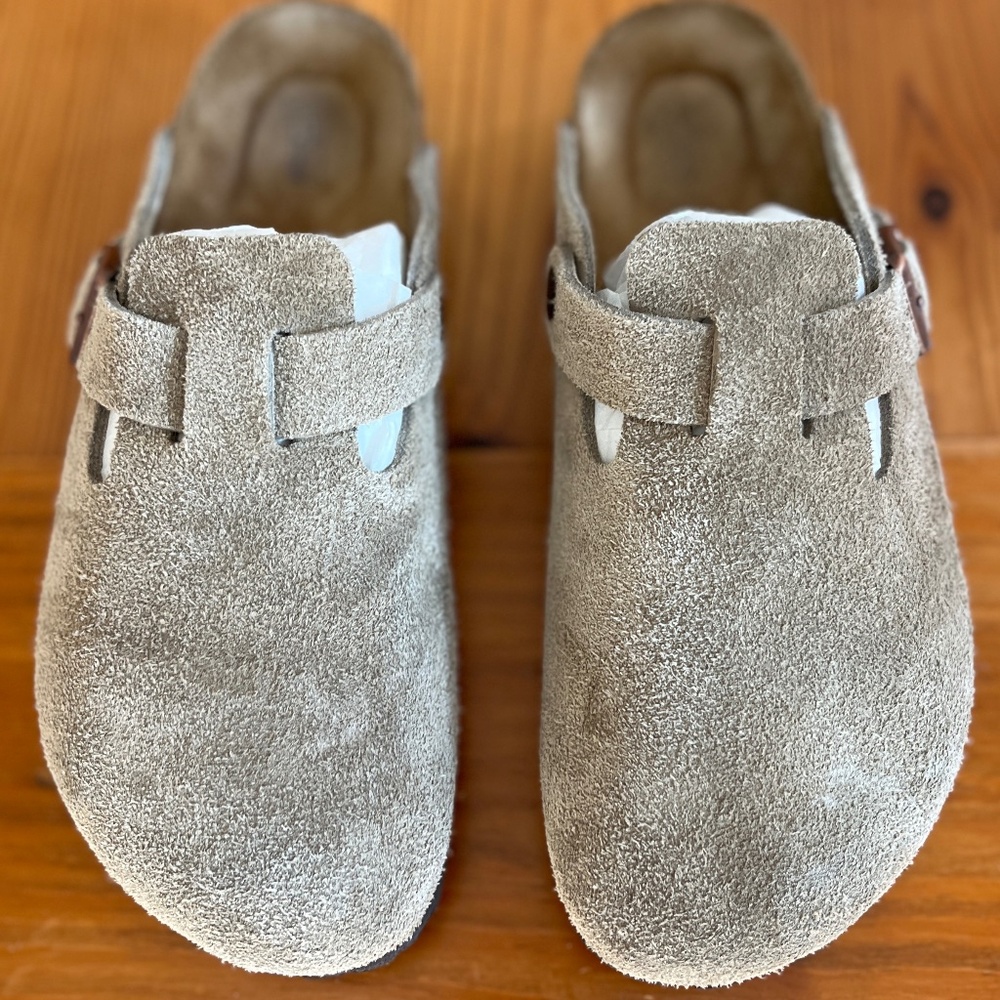 Birkenstock Boston Taupe Suede Clogs Sz 38 Narrow/Medium Soft Footbed